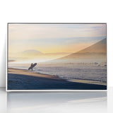 Art deco poster of San Diego skyline in muted gray and blue tones, acrylic print framed in white.