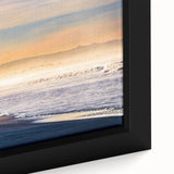Black wall art featuring a textured depiction of San Diego's skyline in colorful hues on a framed canvas.