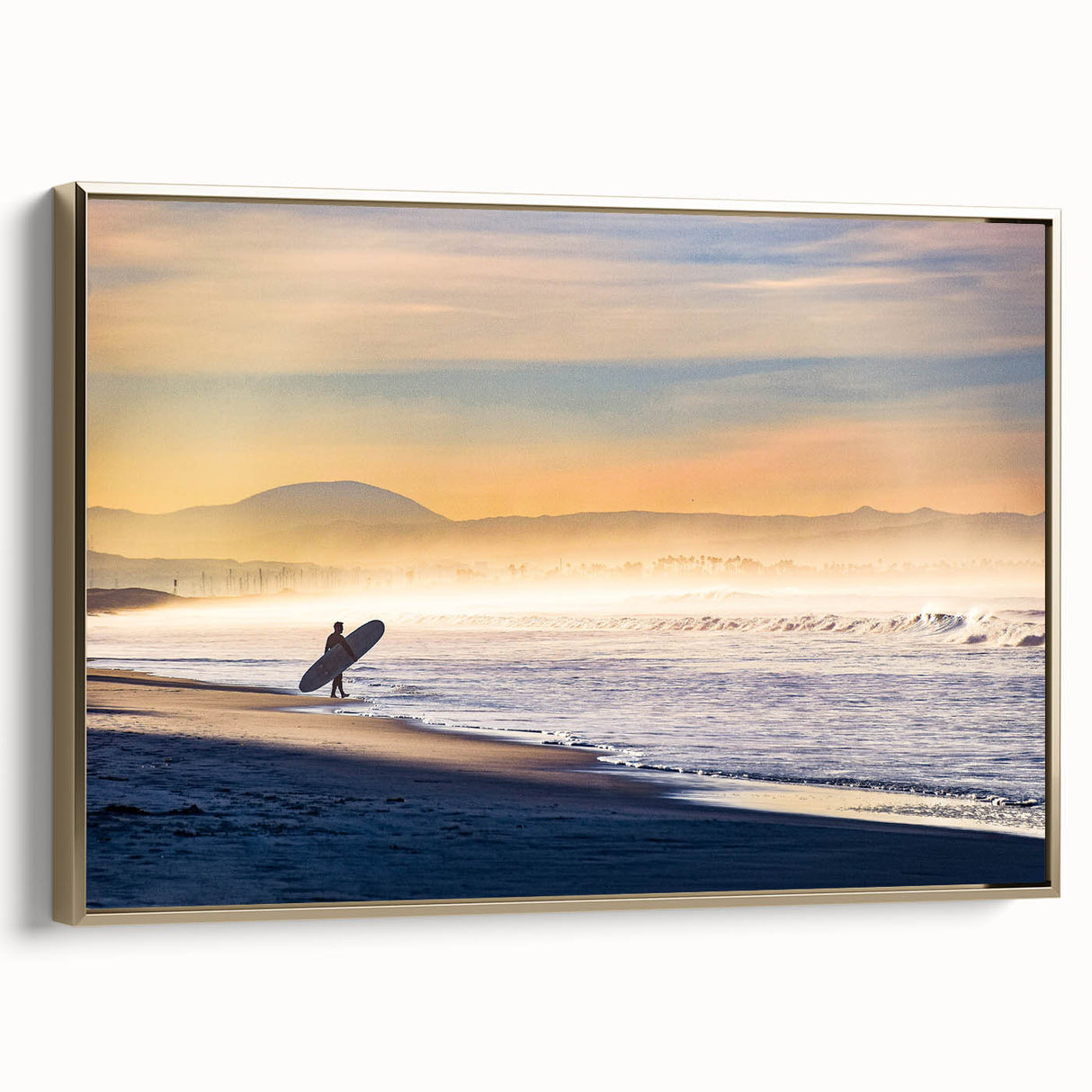 Framed canvas wall art featuring a vintage-style landscape painting of San Diego, with muted gold and black tones.