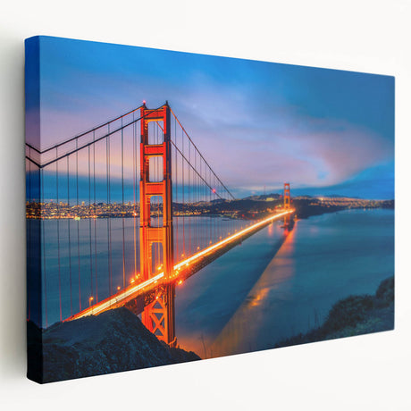 Large stretched canvas depicting the San Francisco skyline in muted blue and gray tones, ideal for kitchen wall art.
