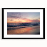 Colorful abstract art print of Santa Barbara scenery in vibrant hues on a large framed canvas, ideal for living room decor.