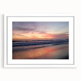 Abstract art print of Santa Barbara scenery in muted blue and green tones on a white framed mat, ideal for dining room decor.