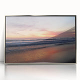 Mid-century modernist art depicting the Santa Barbara coastline in muted blue and white tones, framed acrylic print.