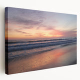 Large art depicting the Santa Barbara coastline on stretched canvas, featuring soft pastel hues, ideal for kitchen wall art.