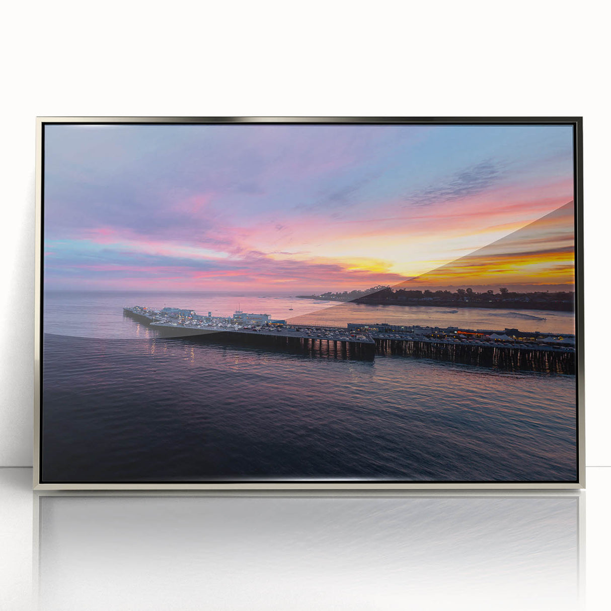 Mid-century modernist art of Santa Cruz coastline in muted blue and silver hues on framed acrylic.