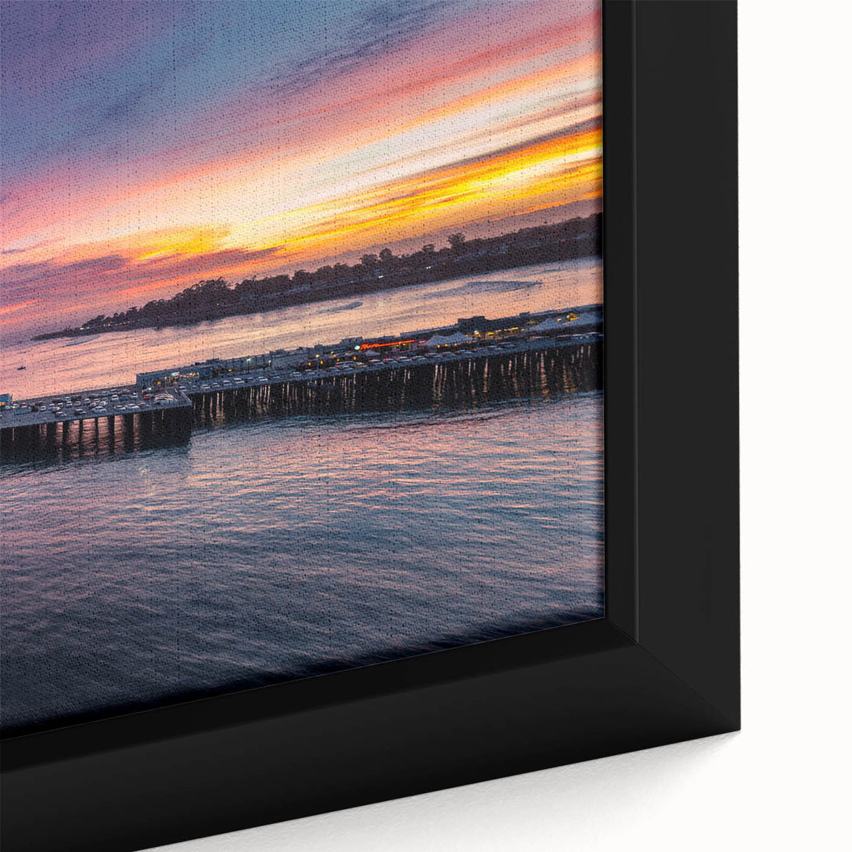 Framed canvas of textured black wall art featuring a colorful Santa Cruz scenery, ideal for living room decor.