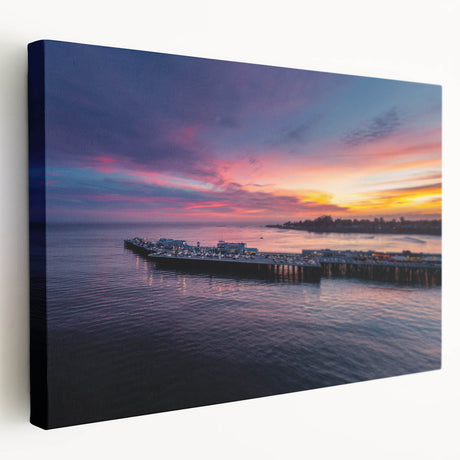 Scenic Santa Cruz coastline depicted in muted blue and gray tones on a large stretched canvas, suitable for kitchen wall art.