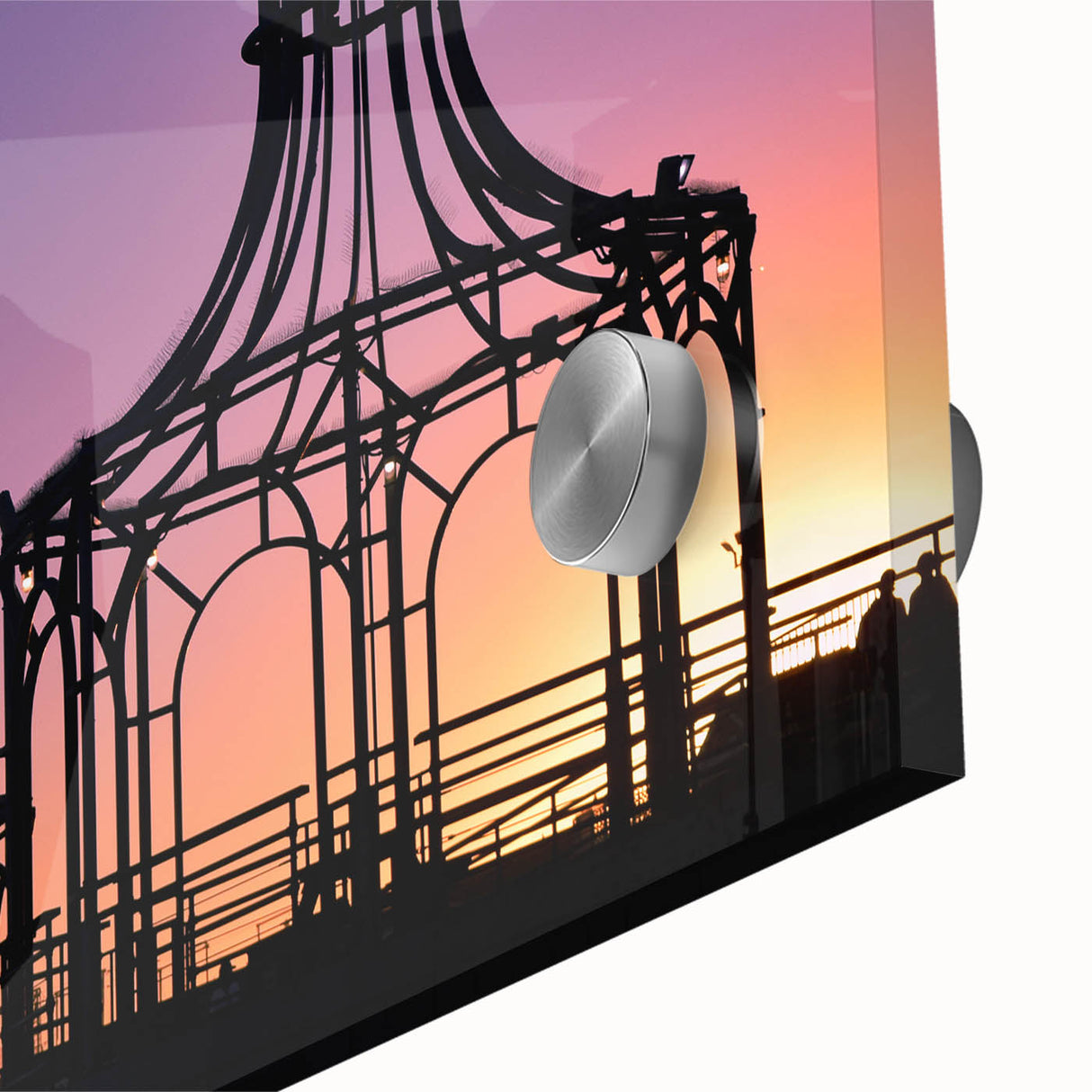 Large abstract depiction of Santa Monica scenery in mid-century modernist style on acrylic glass.