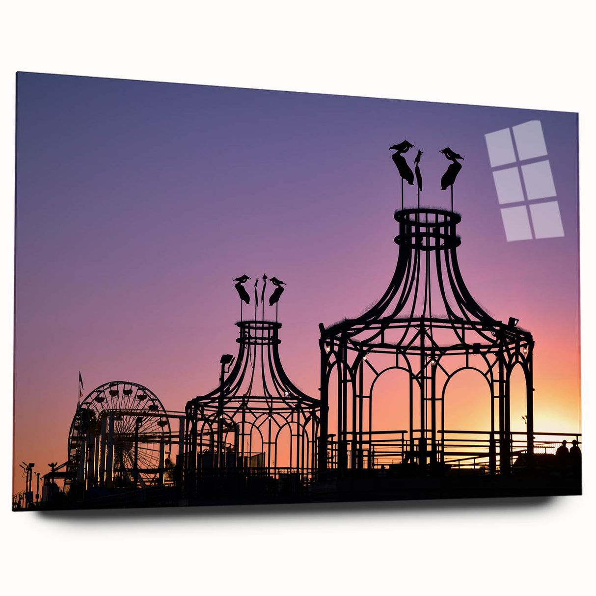 Large abstract wall art of Santa Monica scenery in muted blue and green hues, acrylic print.