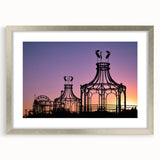 Textured abstract art print depicting the Santa Monica skyline in muted blue and gray tones on a framed canvas.