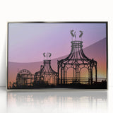 Mid-century modernist art depicting Santa Monica scenery in silver-framed acrylic, ideal for modern art wall decor.