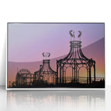 Art Deco-style poster depicting the Santa Monica pier in muted pastel colors, framed acrylic, ideal for nursery wall art.