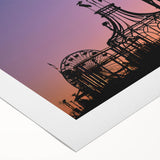 Art deco poster of Santa Monica scenery in pastel hues on rolled canvas, suitable for dining room wall art.