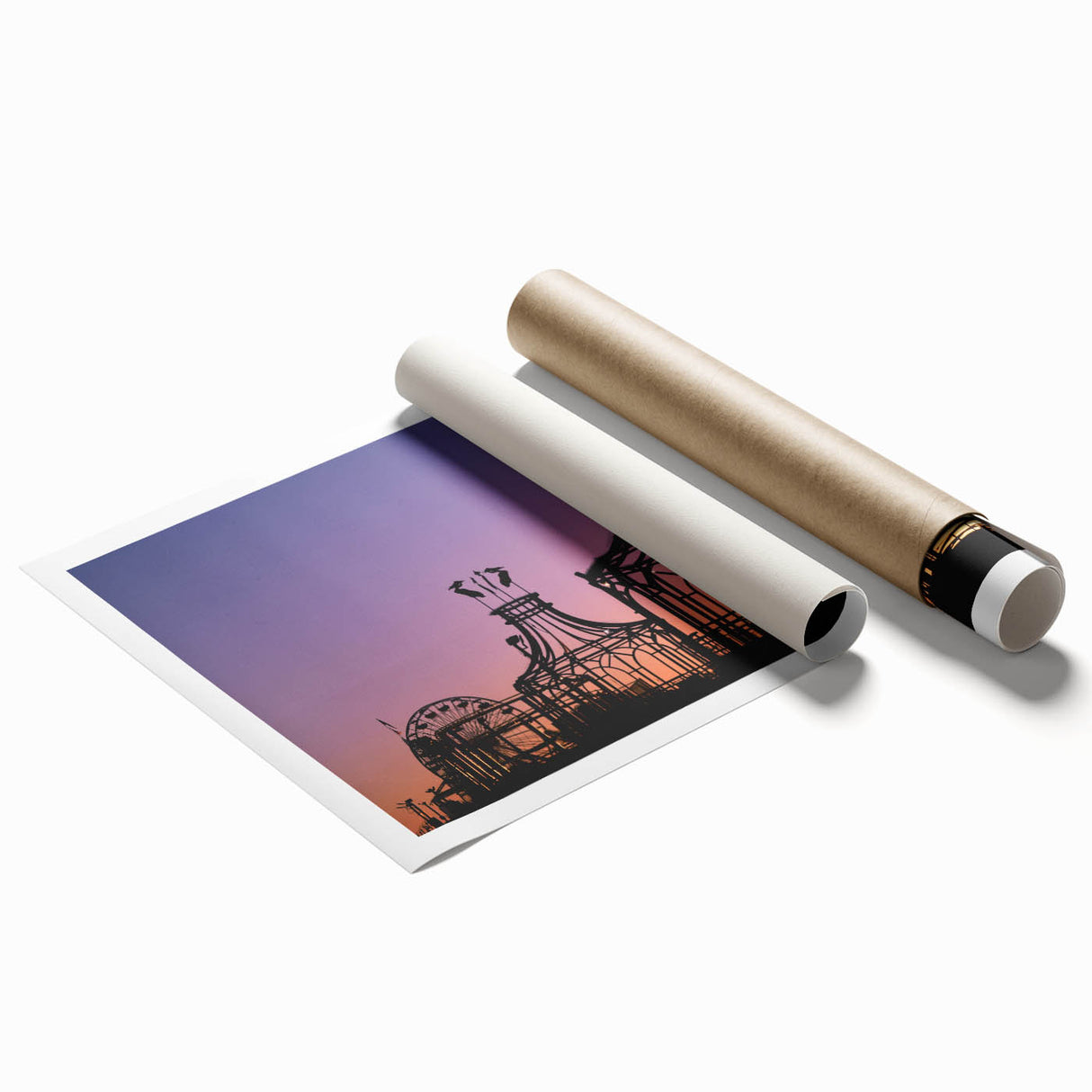 Extra large rolled print featuring Santa Monica scenery in muted blue and tan tones, ideal for classy bathroom wall art.