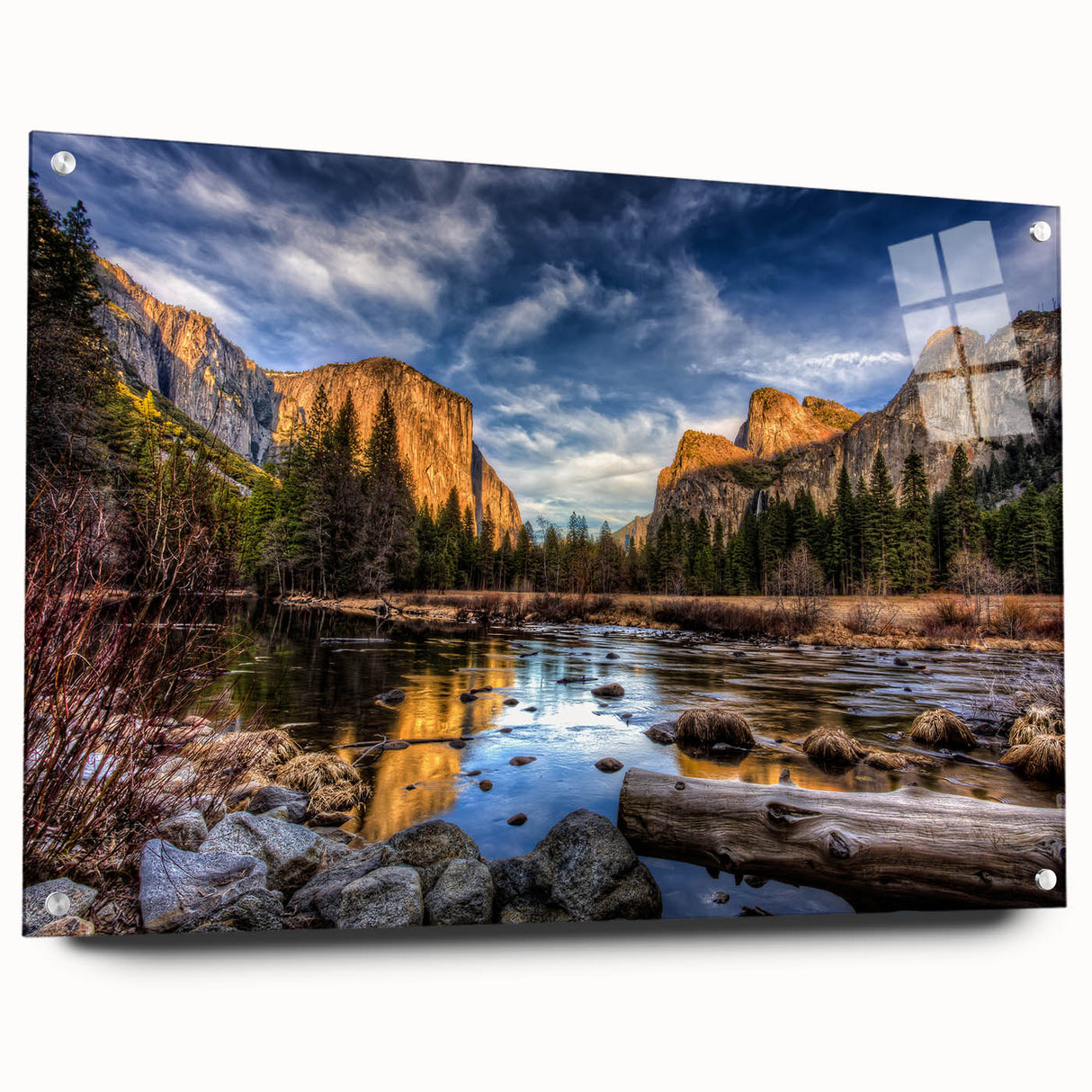 Acrylic print of Yosemite landscape in muted earth tones, ideal for dining room or bedroom decor.
