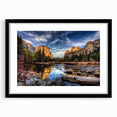 Abstract art print of Yosemite in colorful, textured style on a large black-framed canvas, ideal for living room decor.