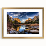 Extra large abstract art print of Yosemite scenery in muted earth tones, framed in gold, ideal for living room decor.