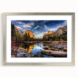 Textured abstract art print of Yosemite in muted earth tones, framed in silver, ideal for bedroom art.