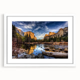 Abstract art print of Yosemite landscape in muted earth tones on a white framed canvas, ideal for dining room decor.