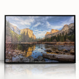 Large abstract wall art depicting Yosemite scenery in a mid-century modernist style, framed in black acrylic.