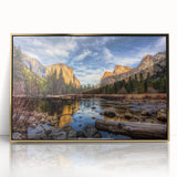 Large acrylic print of Yosemite landscape in muted earth tones, framed in gold, suitable for modern art wall decor.