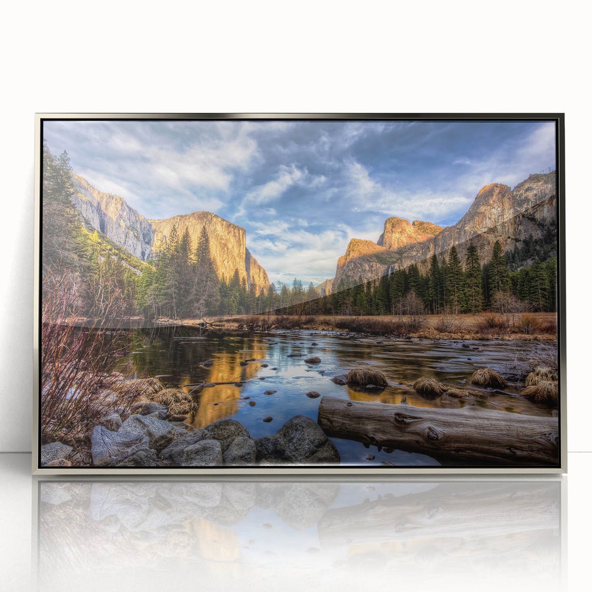 Mid-century modernist art of Yosemite landscape in silver framed acrylic, featuring earthy color tones.