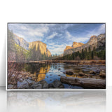 Acrylic print of Yosemite scenery in muted earth tones, framed in white, suitable for modern art wall decor.