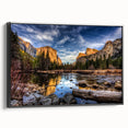 Black and white framed canvas of Yosemite landscape, ideal for bedroom wall decor.