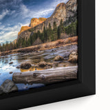 Black wall art of Yosemite with a textured, colorful art design on an extra large framed canvas, ideal for living room decor.