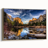 Framed canvas depicting a vintage-style Yosemite landscape in muted earth tones, ideal for bedroom wall art.