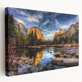 Landscape painting of Yosemite on stretched canvas, featuring natural earth tones, ideal for kitchen wall art.