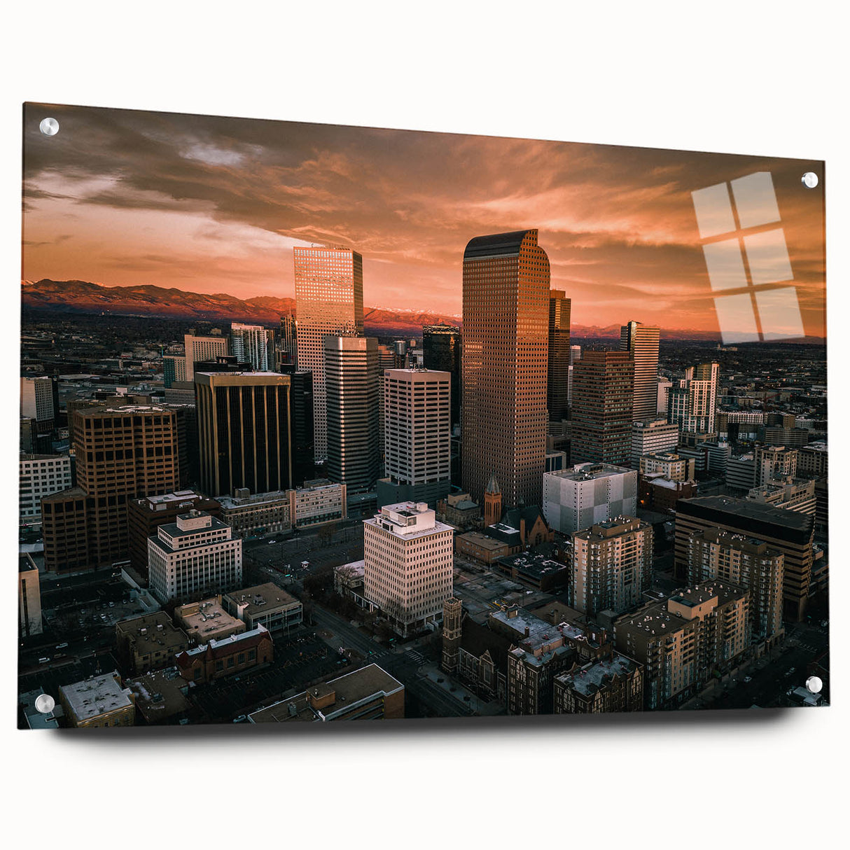 Acrylic print of a large abstract depiction of Denver, Colorado, in cool blue and gray tones.