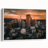 Vintage poster art of Denver skyline in colorful hues on a large framed canvas, ideal for living room decor.