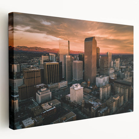 Denver skyline in muted earth tones on a large stretched canvas, suitable for kitchen wall art.