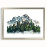 Textured art print of Pikes Peak with abstract elements in cool blue tones, framed in silver, suitable for bedroom decor.