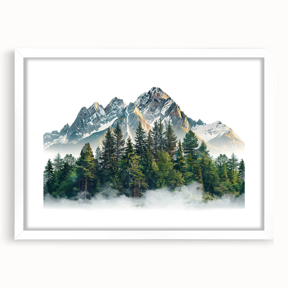 Abstract art print of Pikes Peak in muted earth tones on a framed white mat, suitable for bedroom or dining room decor.