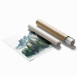 Rolled print of Pikes Peak with floral foreground in soft earth tones, suited for large living room or bathroom decor.