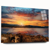 Acrylic print of the Rocky Mountains in muted earth tones, suitable for bedroom or dining room decor.