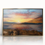 Large art print of the Rocky Mountains in Colorado, rendered in mid-century modernist style on a gold-framed acrylic.