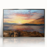 Mid-century modernist art of Rocky Mountains in muted earth tones on a framed acrylic, suitable for nursery wall art.