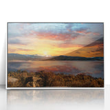 Acrylic print of the Rocky Mountains in Colorado with muted earth tones, framed in white, suitable as modern art wall decor.