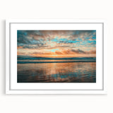 Abstract art print of Daytona scenery in muted gray and blue tones on a framed white mat, ideal for dining room decor.