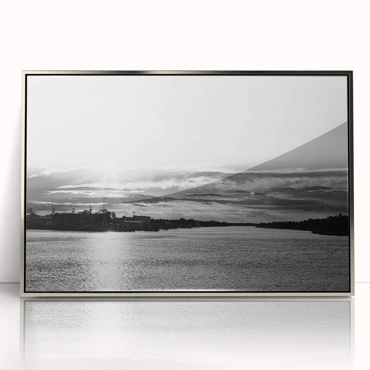 Mid-century modernist art of Delaware scenery in acrylic, featuring muted blue and green hues, framed in silver.