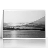 Art deco poster of Delaware scenery in muted gray and blue tones, acrylic print framed in white.