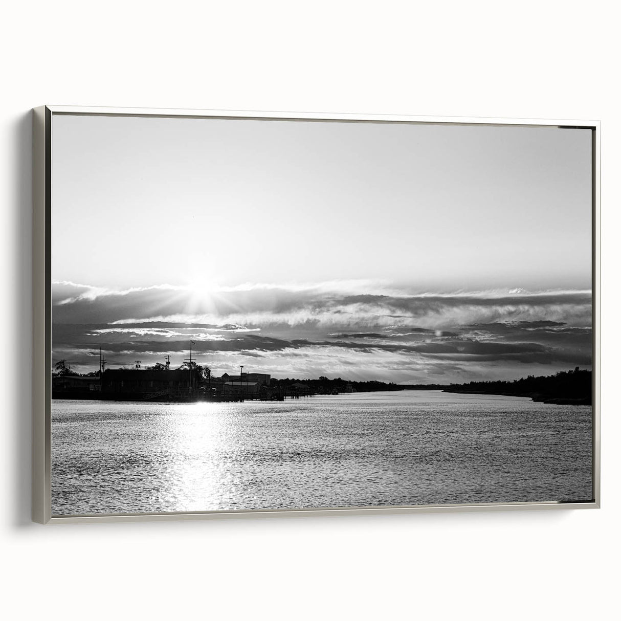 Landscape art painting of Delaware scenery on a silver-framed canvas, featuring colorful yet muted vintage-style elements.