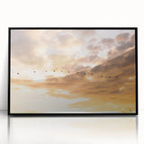 Large abstract wall art of the Everglades in muted green and blue tones, framed in black acrylic.