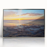 Mid-century modernist art depicting the Florida Keys in muted blue and green tones on a framed acrylic print.