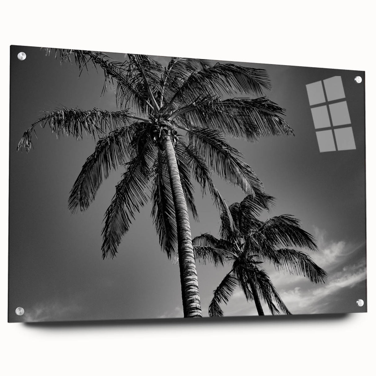 Acrylic print of a large abstract depiction of Miami with vibrant blue and pink tones, ideal for dining room decor.