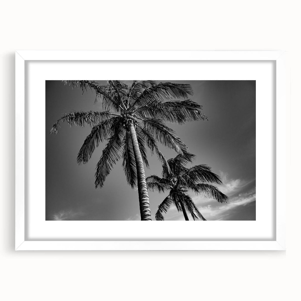 Abstract art print of Miami skyline in muted blue and orange tones on a framed white mat, ideal for dining room decor.