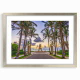 Textured abstract art print featuring a serene Florida Palm Beach scene in soft blue and green tones.